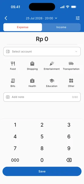 The Catatku add-transaction screen: an account picker, eight icon categories, a note field and a large keypad with a Save button.